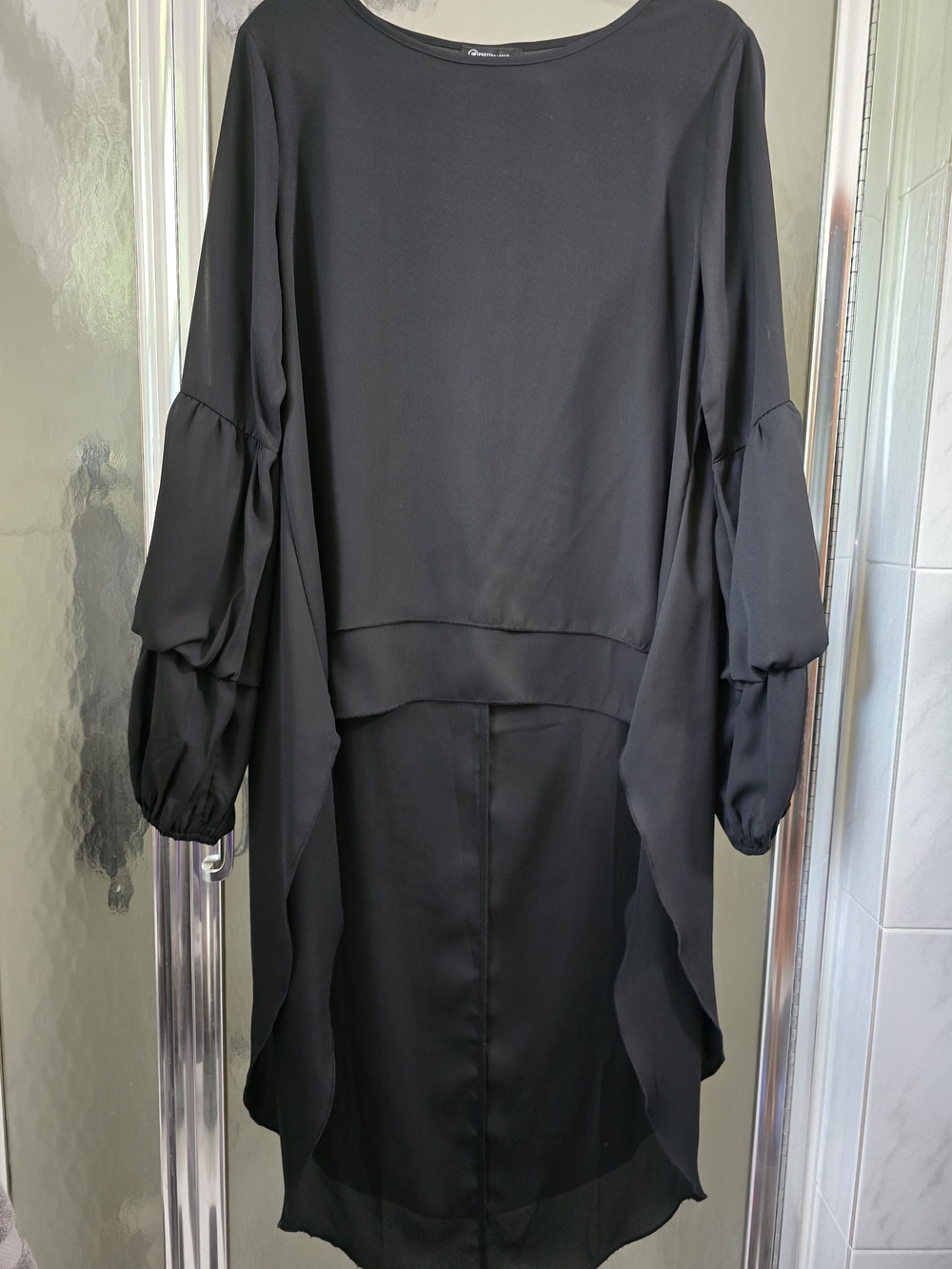 Black Ruffle-Side Tunic with Balloon Sleeves
